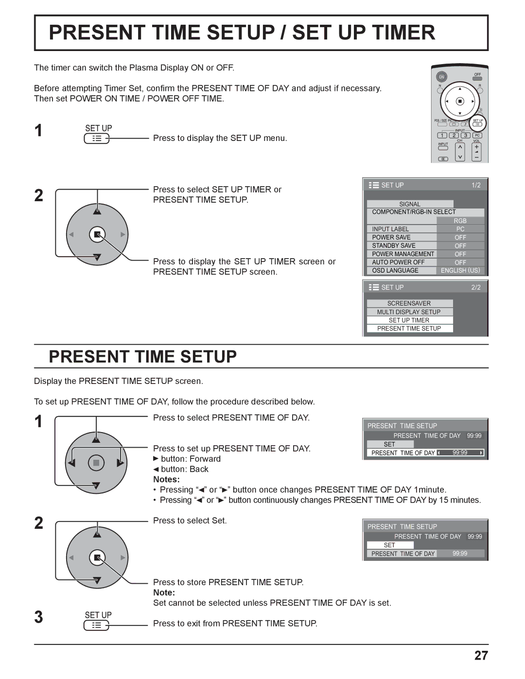 Panasonic TQBC2033 manual Present Time Setup, Press to set up Present Time of DAY 