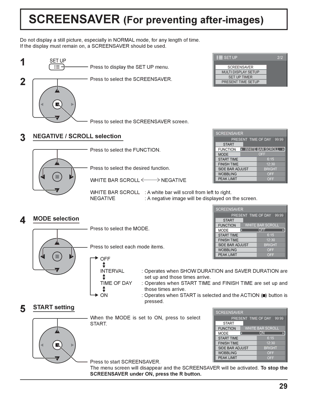 Panasonic TQBC2033 Screensaver For preventing after-images, Negative / Scroll selection, Mode selection, Start setting 