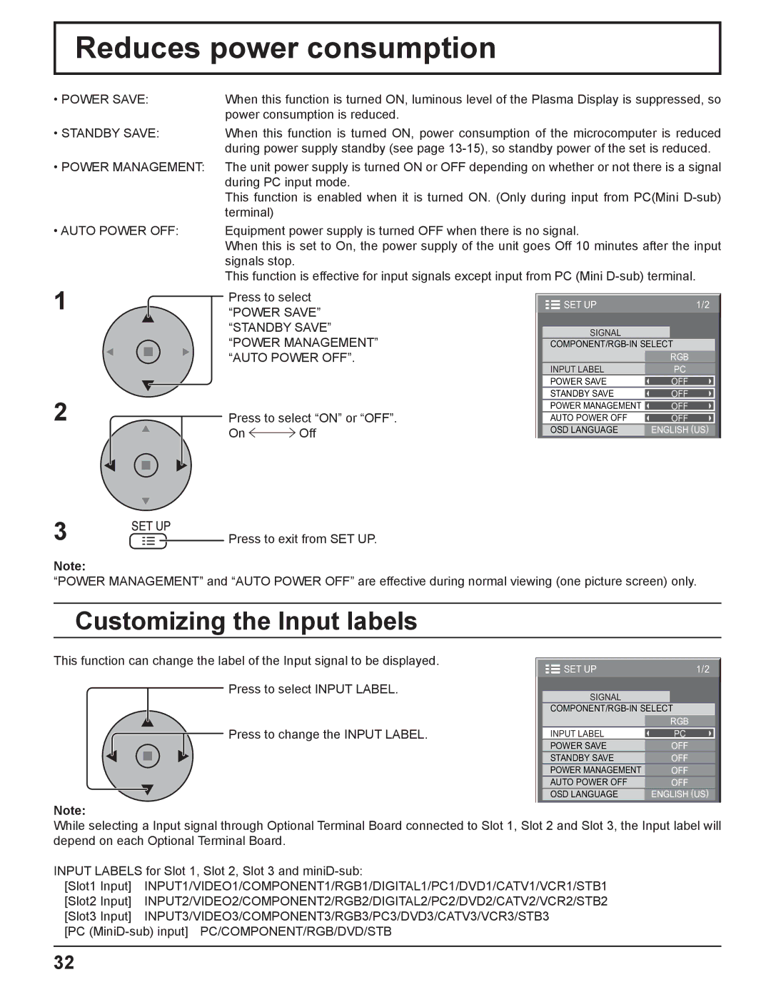 Panasonic TQBC2033 manual Reduces power consumption, Customizing the Input labels, Press to select on or OFF On Off 