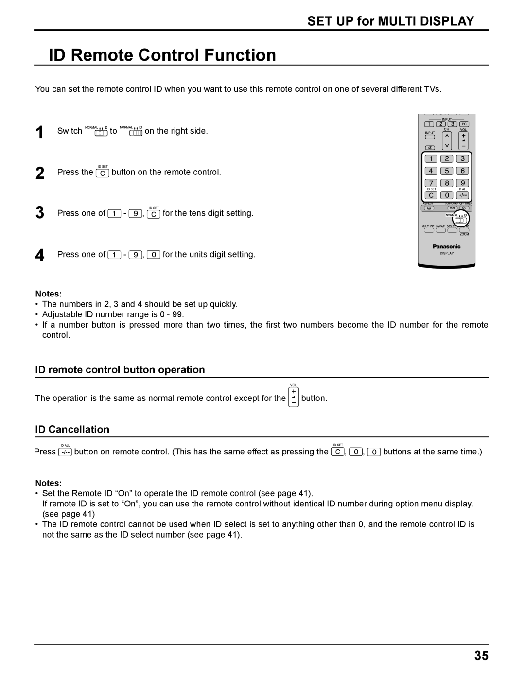 Panasonic TQBC2033 manual ID Remote Control Function, ID remote control button operation, ID Cancellation 