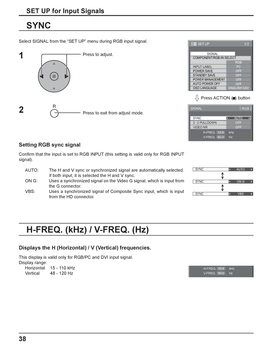 Panasonic TQBC2033 manual Sync, FREQ. kHz / V-FREQ. Hz, Setting RGB sync signal 