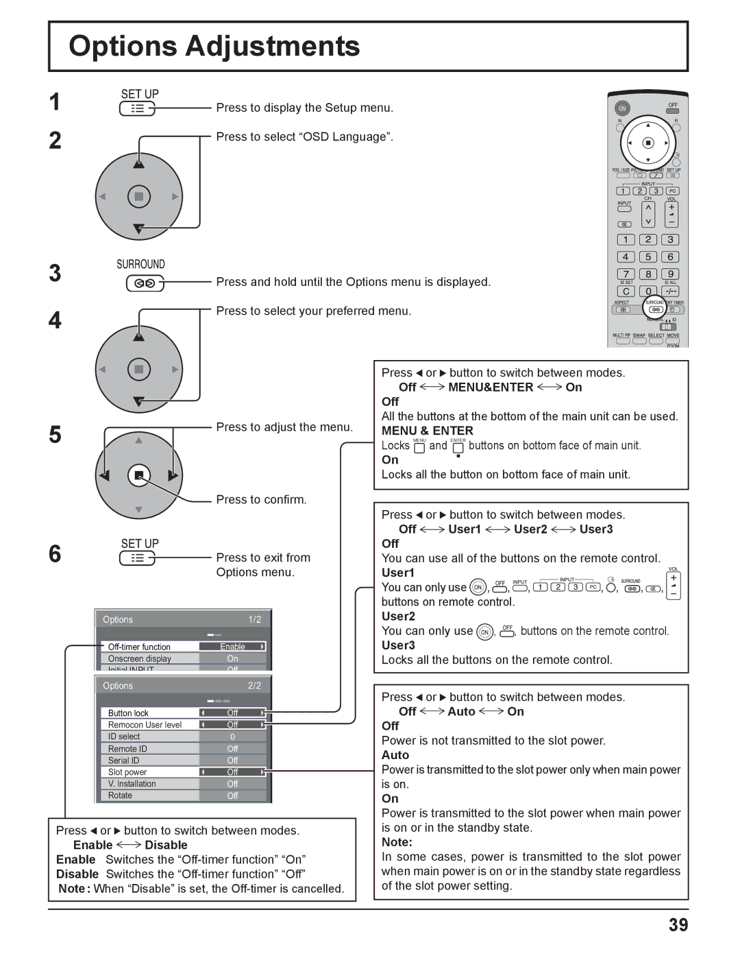 Panasonic TQBC2033 manual Options Adjustments, Menu&Enter, Menu & Enter 