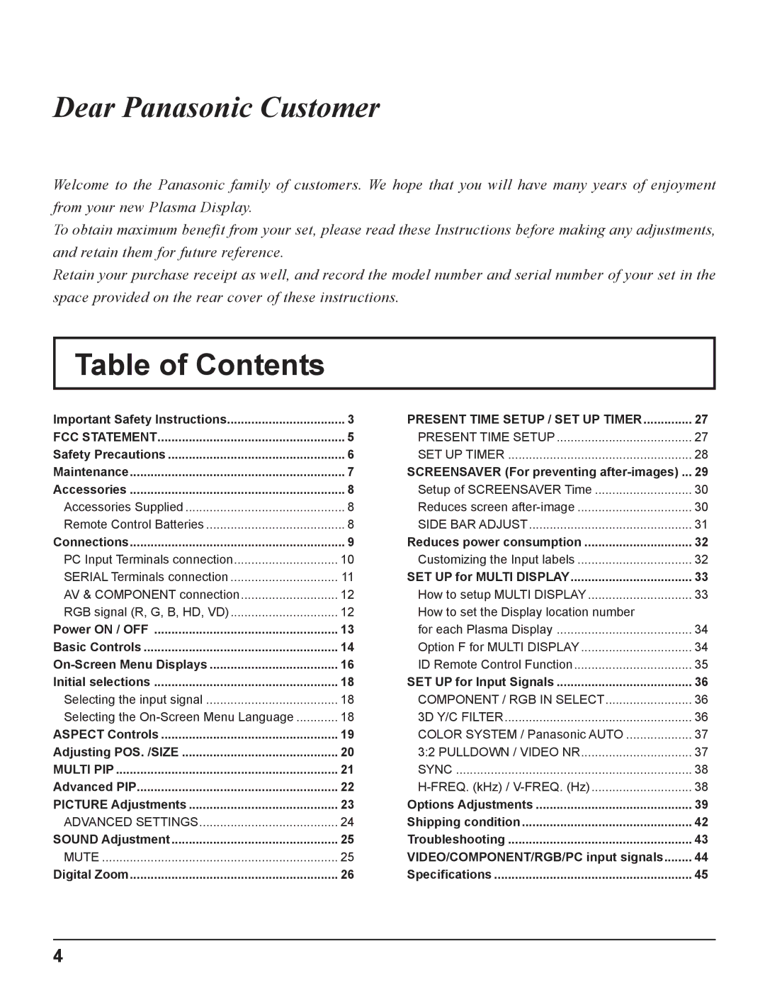 Panasonic TQBC2033 manual Table of Contents 