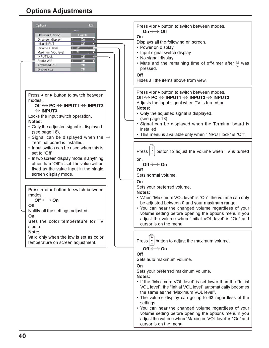 Panasonic TQBC2033 manual Press Or button to switch between Modes Off, INPUT1 INPUT2 INPUT3, Off On, On Off 