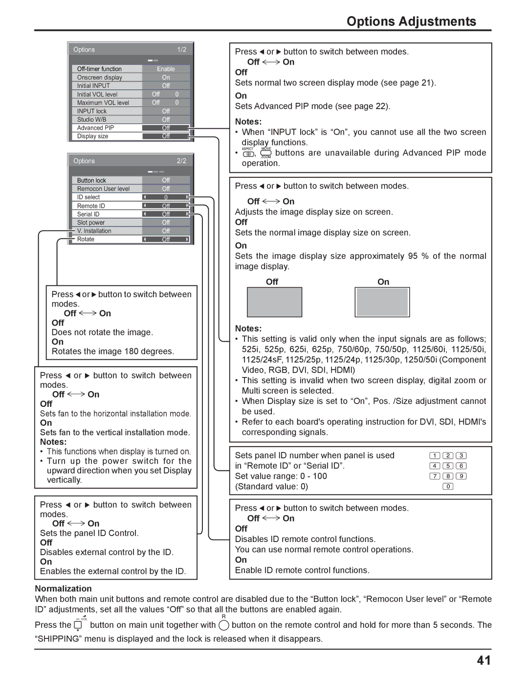 Panasonic TQBC2033 manual Sets the panel ID Control, Adjusts the image display size on screen, OffOn, Normalization 