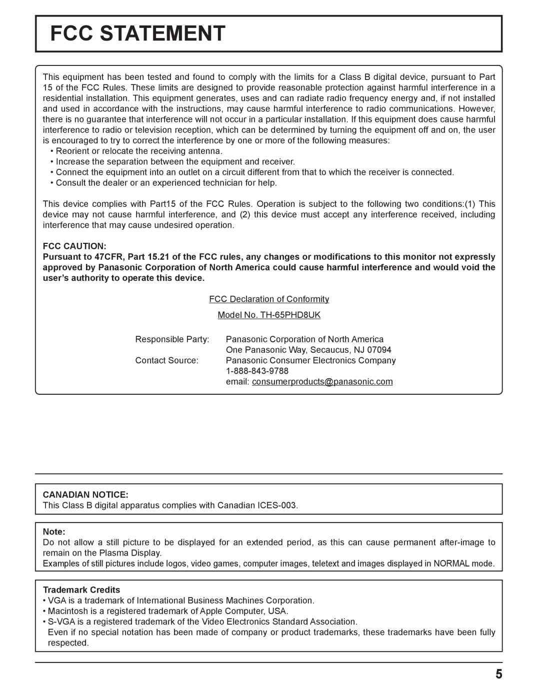 Panasonic TQBC2033 manual FCC Caution, Canadian Notice, Trademark Credits 