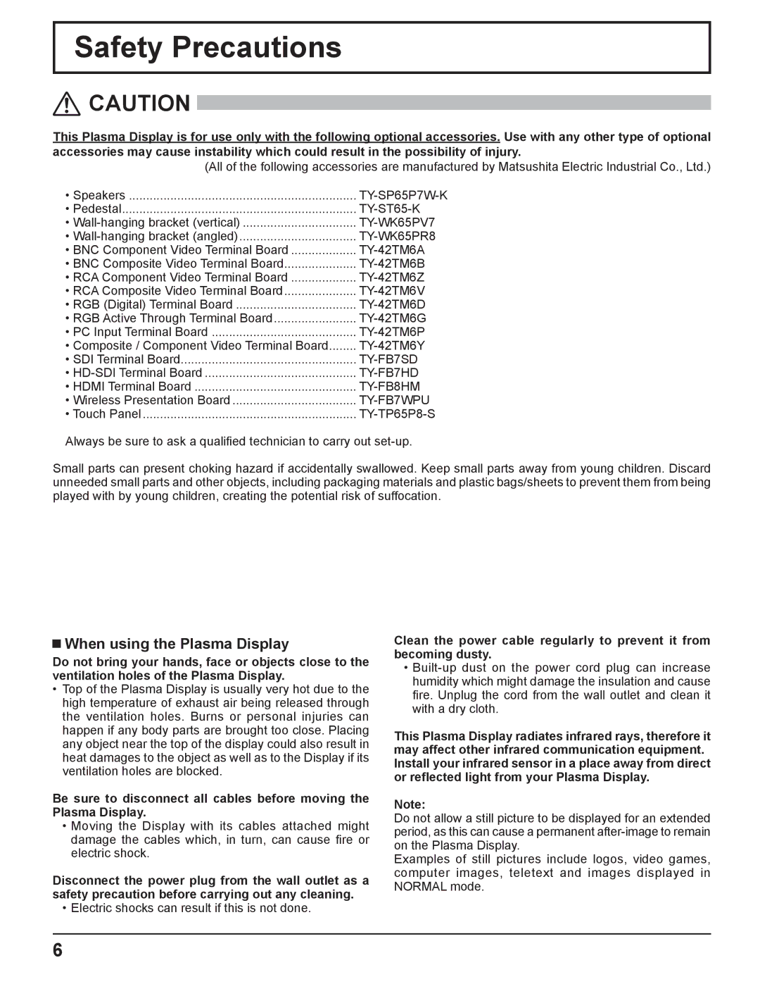 Panasonic TQBC2033 manual Safety Precautions, When using the Plasma Display 