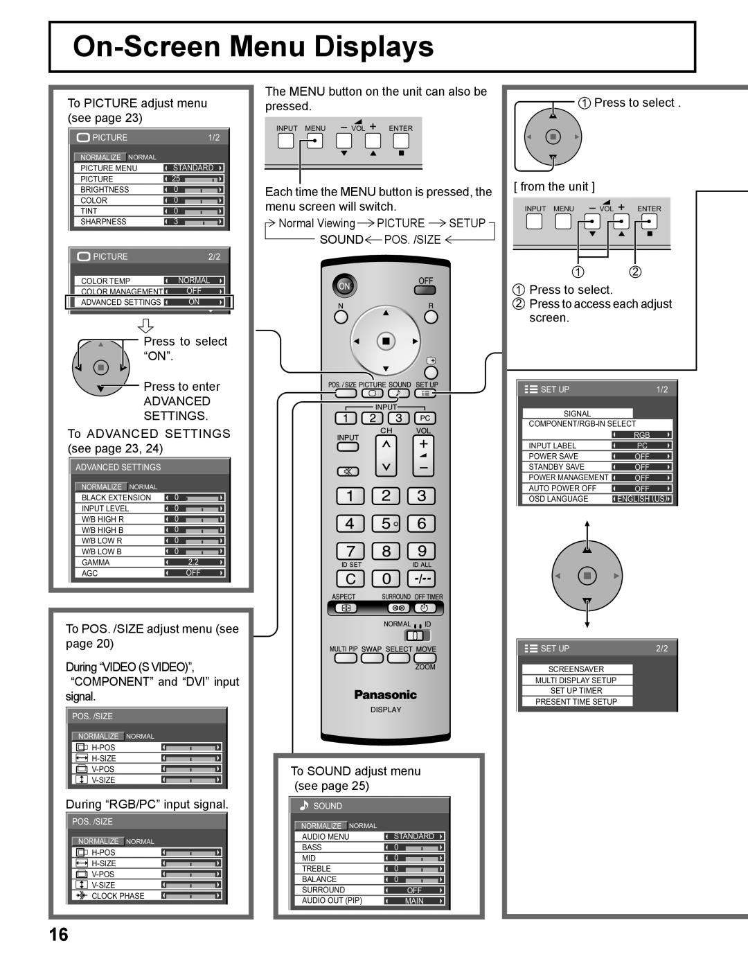 Panasonic TQBC2033 manual On-Screen Menu Displays, Setup 