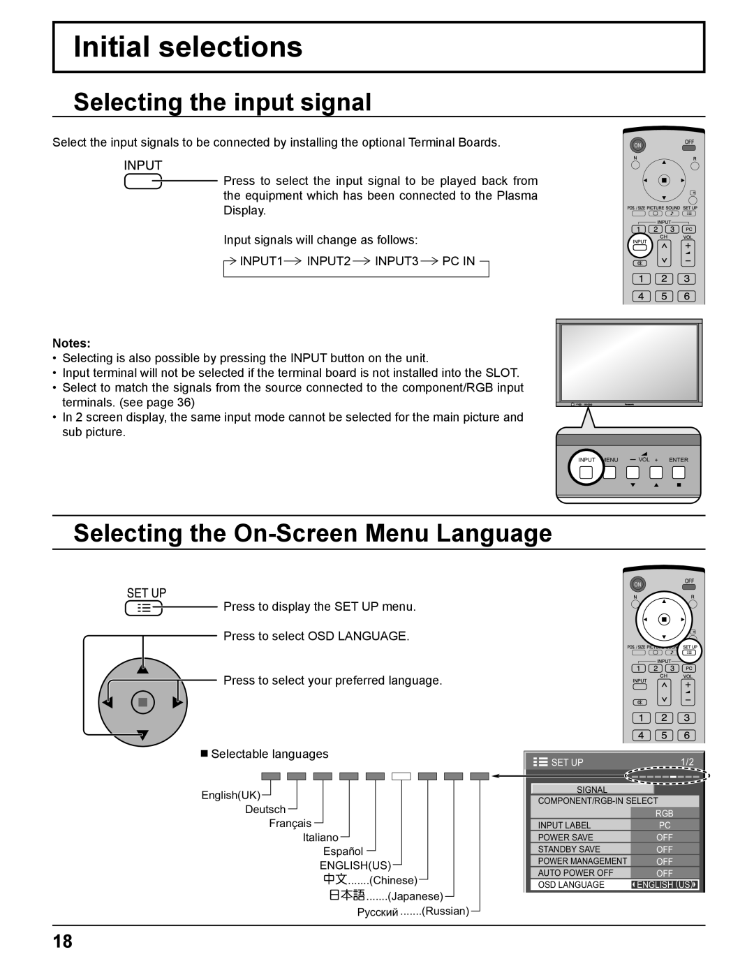 Panasonic TQBC2033 manual Initial selections, Selecting the input signal, Selecting the On-Screen Menu Language 
