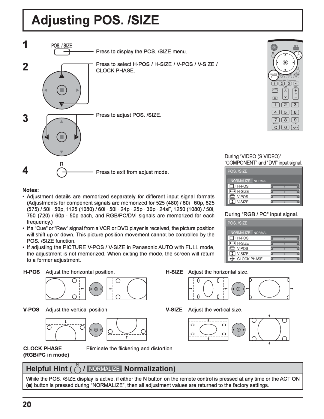 Panasonic TQBC2033 manual Adjusting POS. /SIZE, Helpful Hint, Normalization, Normalize 