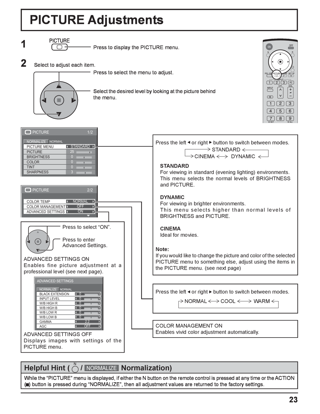 Panasonic TQBC2033 manual PICTURE Adjustments, Helpful Hint, Normalization, Normalize, Standard, Dynamic, Cinema 