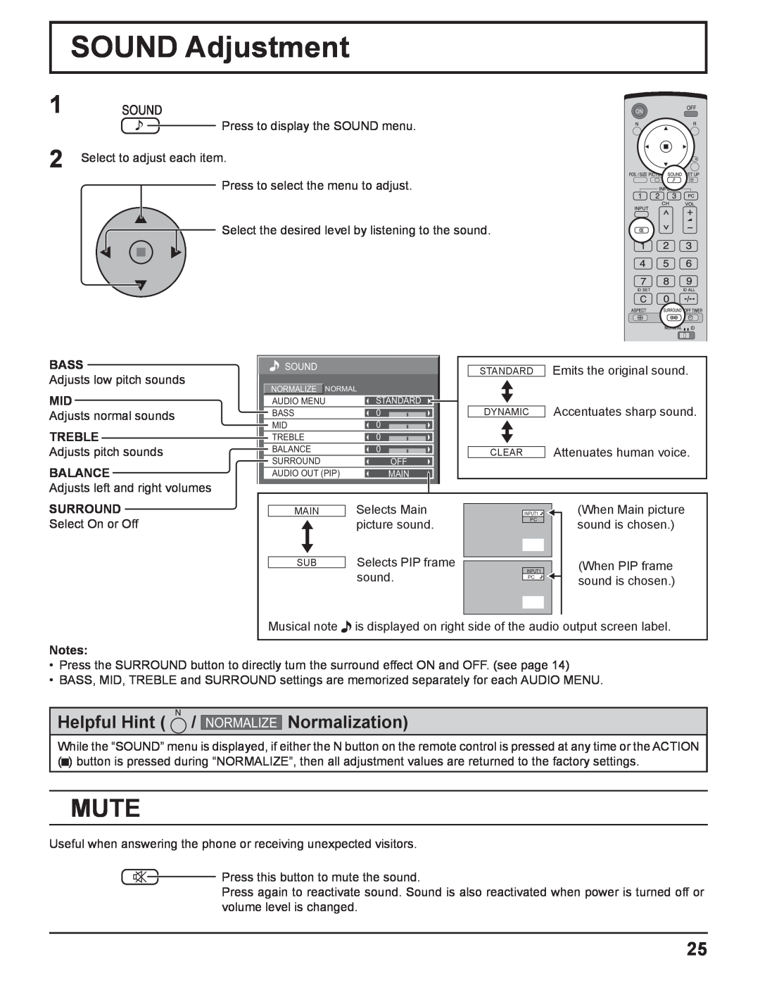 Panasonic TQBC2033 manual SOUND Adjustment, Mute, Helpful Hint, Normalization, Normalize 
