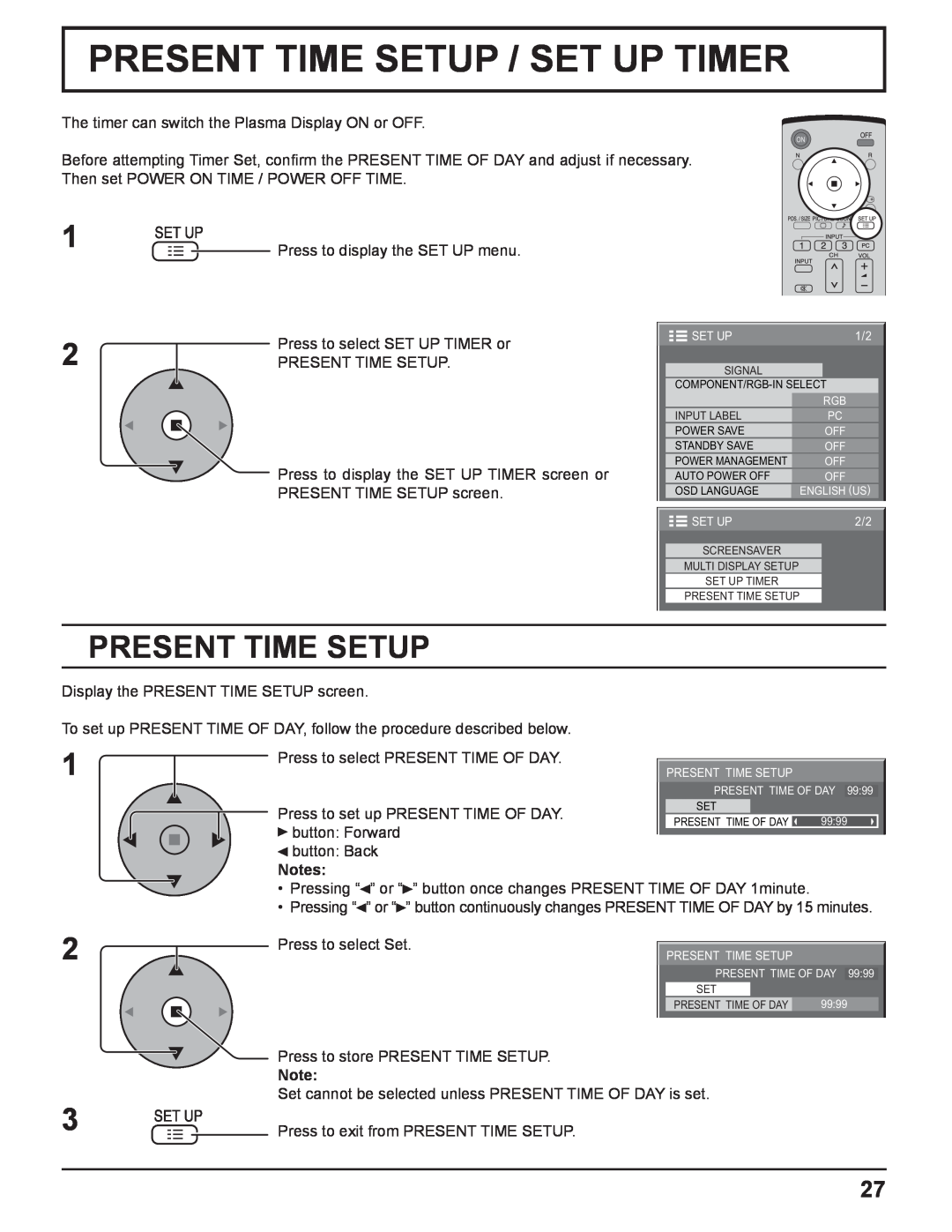Panasonic TQBC2033 manual Present Time Setup / Set Up Timer 