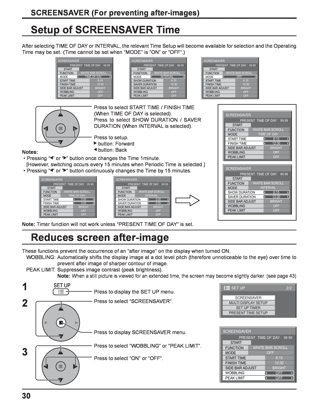 Panasonic TQBC2033 manual Setup of SCREENSAVER Time, Reduces screen after-image, SCREENSAVER For preventing after-images 