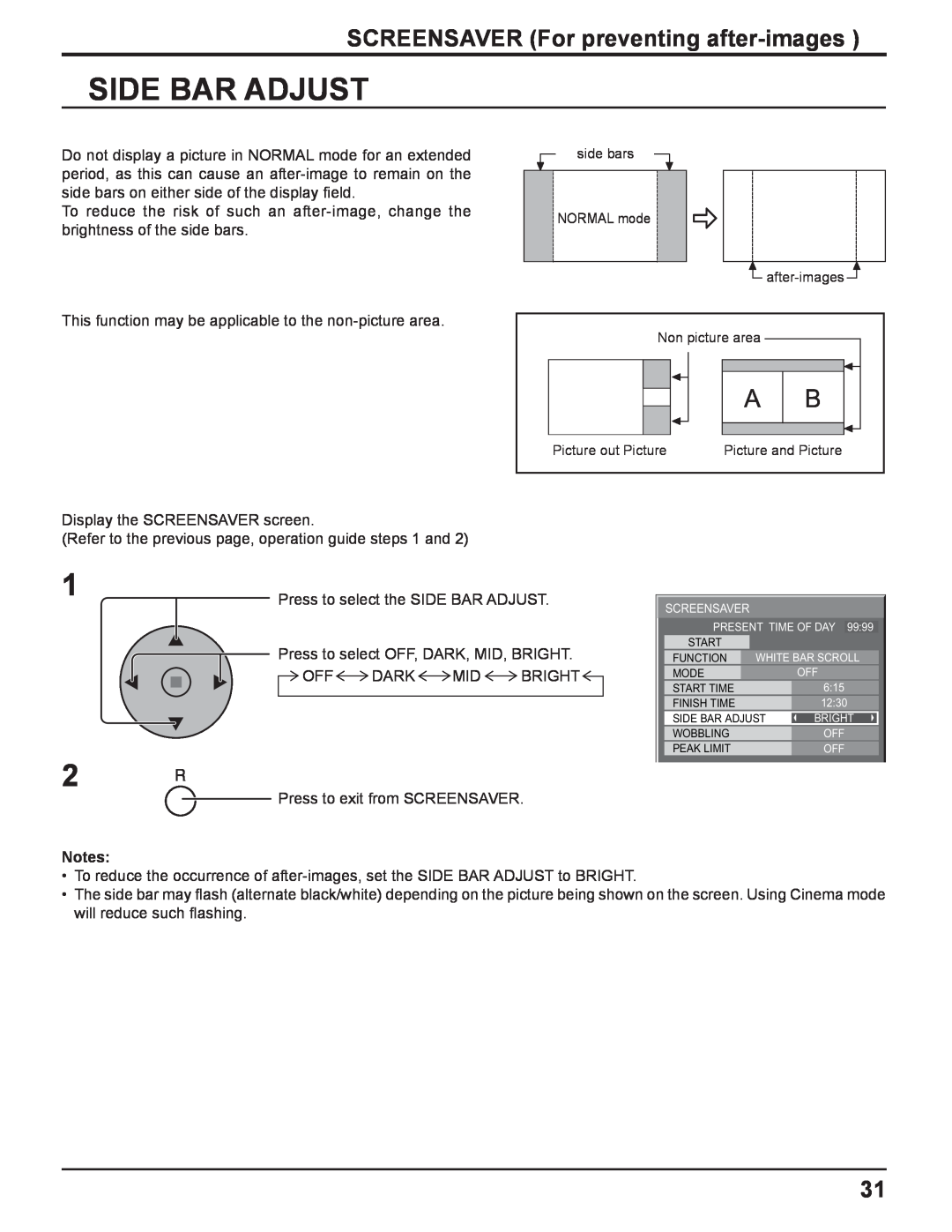Panasonic TQBC2033 manual Side Bar Adjust, SCREENSAVER For preventing after-images 
