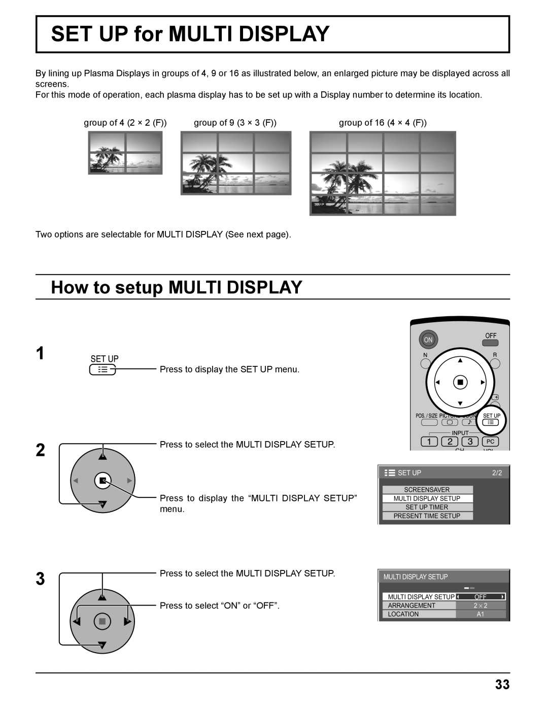 Panasonic TQBC2033 manual SET UP for MULTI DISPLAY, How to setup MULTI DISPLAY 