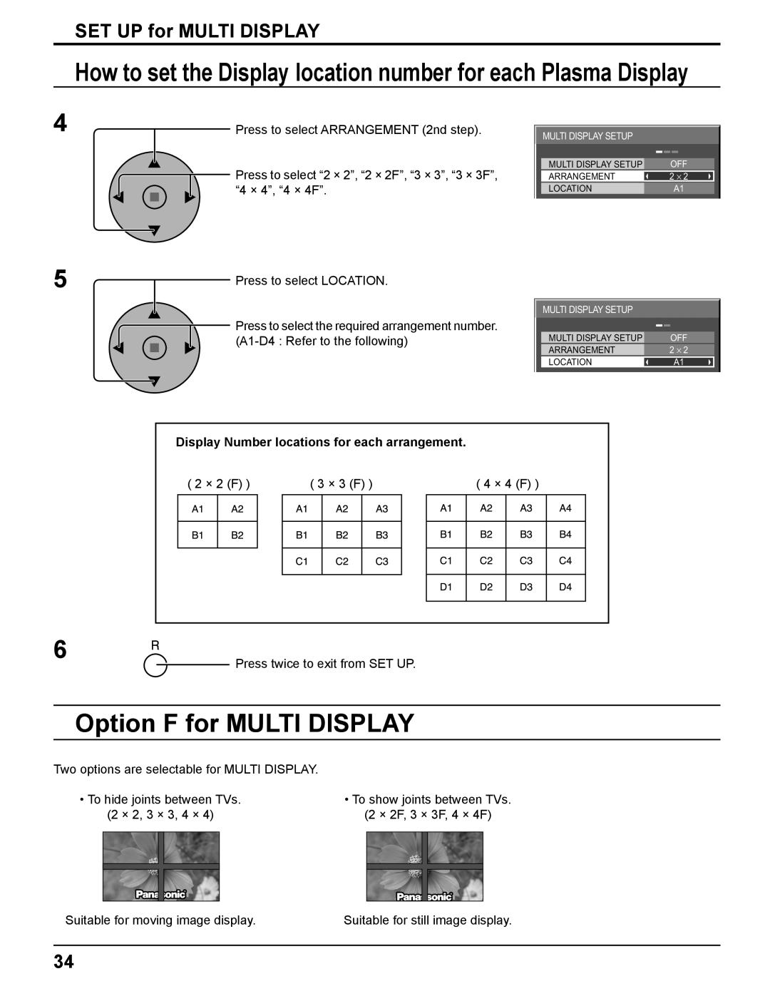 Panasonic TQBC2033 manual Option F for MULTI DISPLAY, SET UP for MULTI DISPLAY 