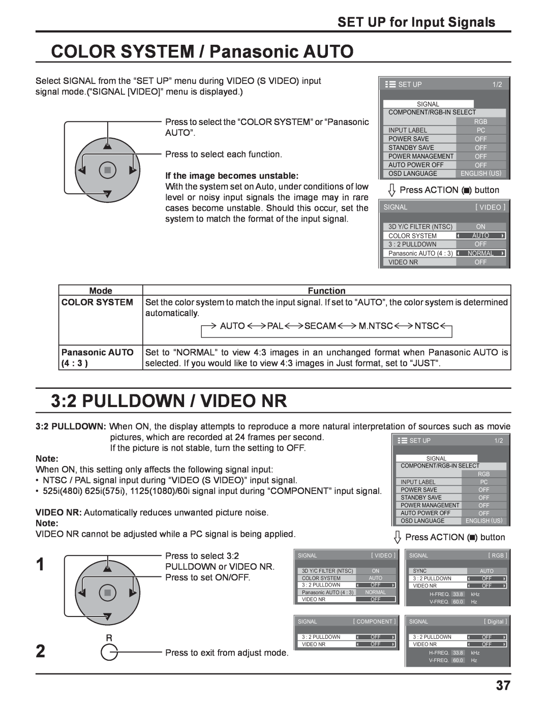 Panasonic TQBC2033 manual COLOR SYSTEM / Panasonic AUTO, Pulldown / Video Nr, SET UP for Input Signals 