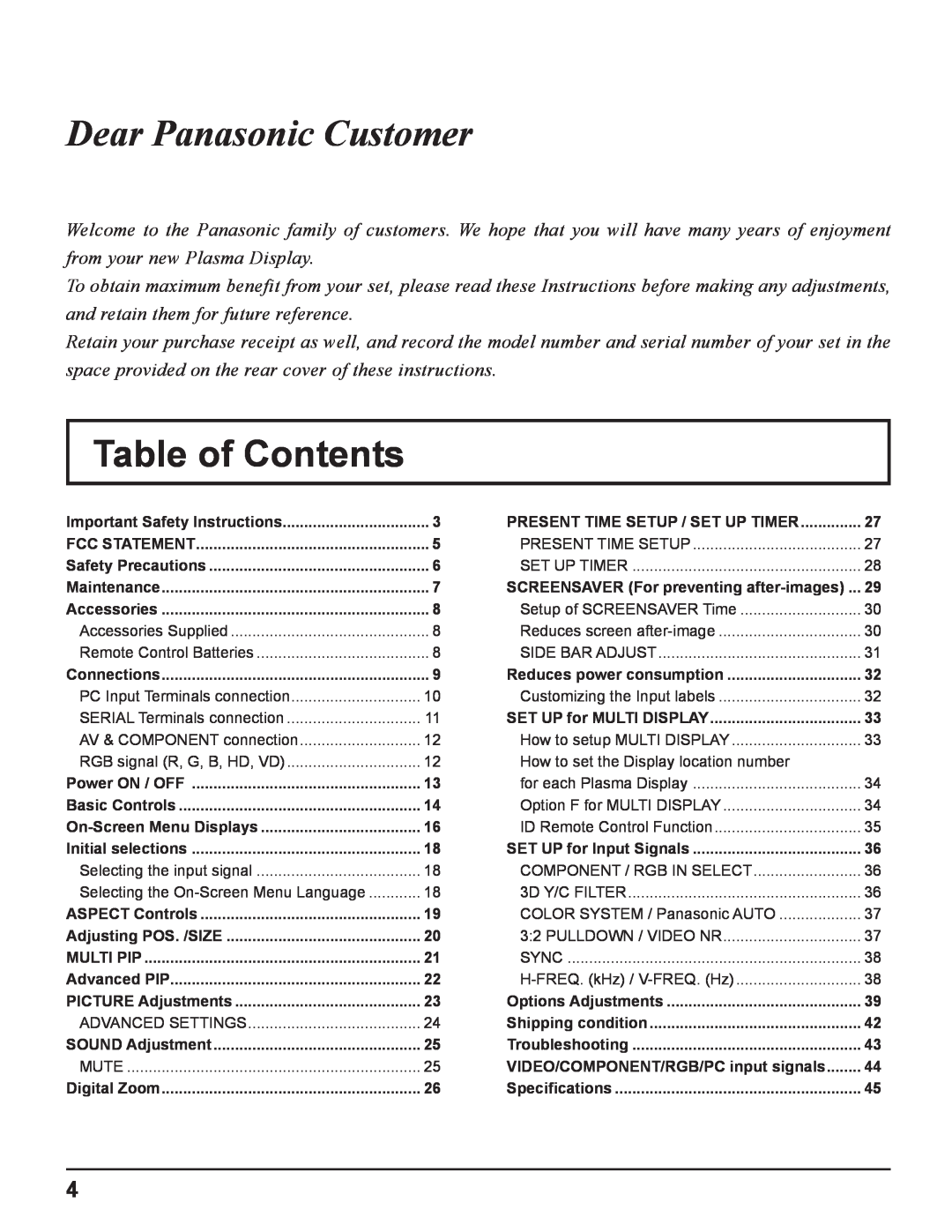Panasonic TQBC2033 manual Table of Contents, Dear Panasonic Customer 