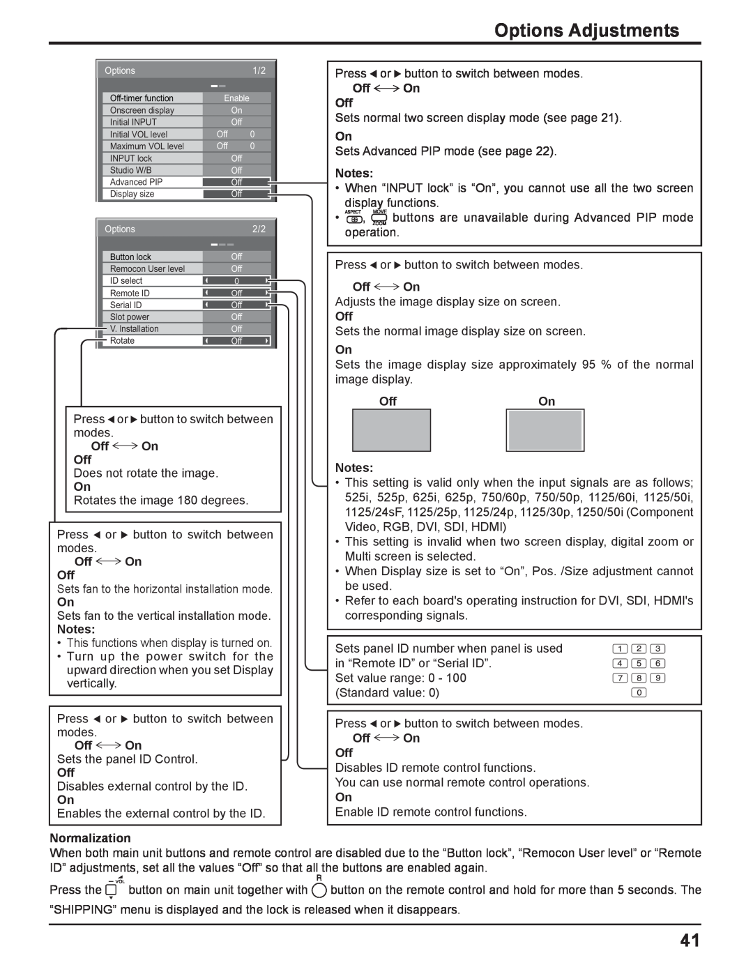 Panasonic TQBC2033 manual Options Adjustments 
