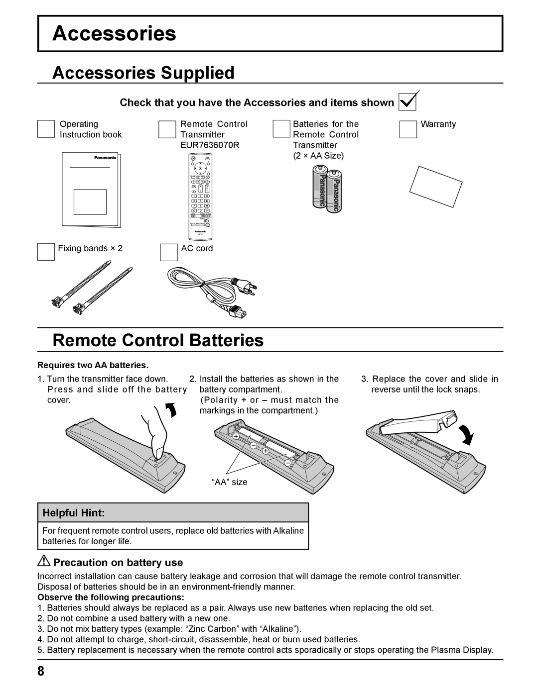 Panasonic TQBC2033 Accessories Supplied, Remote Control Batteries, Check that you have the Accessories and items shown 