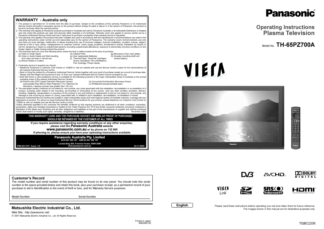 Panasonic TQBC2206 warranty Warranty Australia only, Customer’s Record, Panasonic Australia Pty. Limited, English 