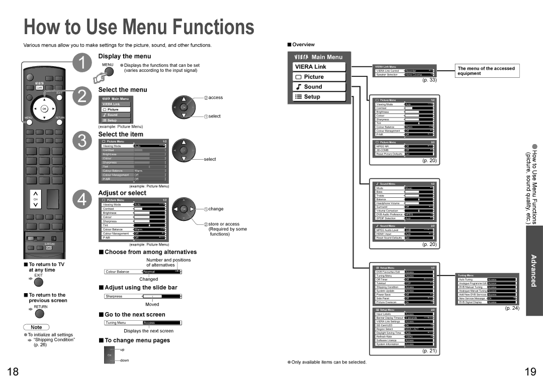 Panasonic TQBC2206 warranty Display the menu, Select the menu, Select the item, Adjust or select, Main Menu 