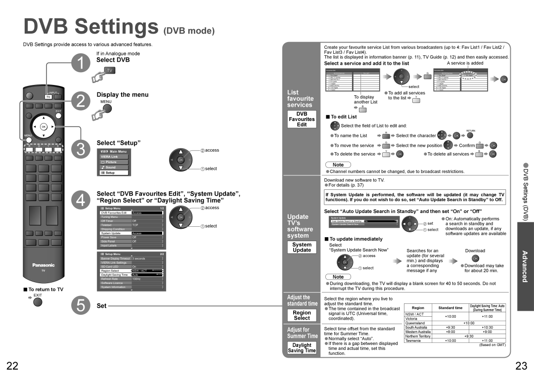 Panasonic TQBC2206 warranty DVB Settings, Select DVB, List favourite services, Region Select or Daylight Saving Time 