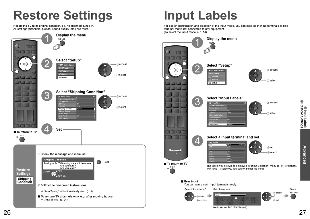 Panasonic TQBC2206 Restore Settings, Select Shipping Condition, Select Input Labels, Select a input terminal and set 