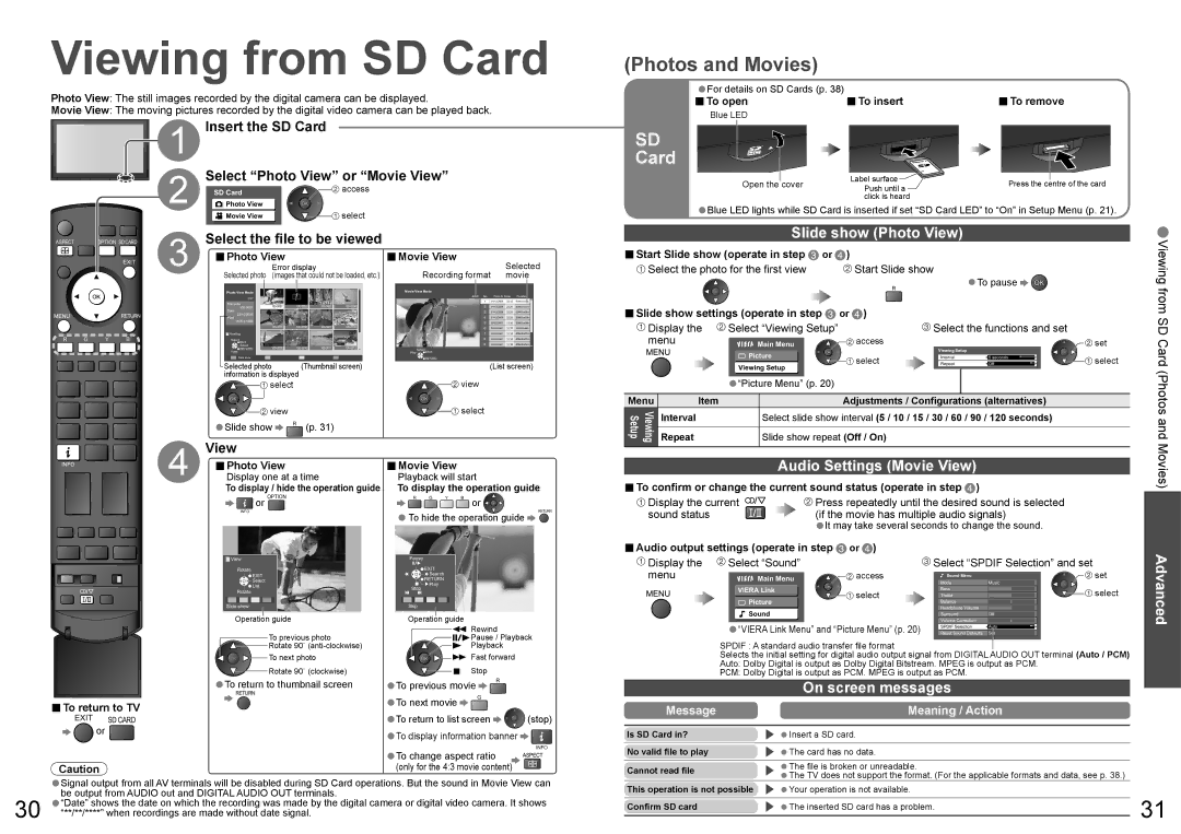 Panasonic TQBC2206 warranty Viewing from SD Card, Slide show Photo View, Audio Settings Movie View, On screen messages 