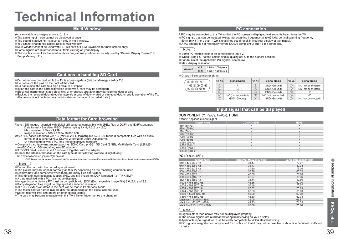 Panasonic TQBC2206 warranty Multi Window, PC connection, Data format for Card browsing, Input signal that can be displayed 