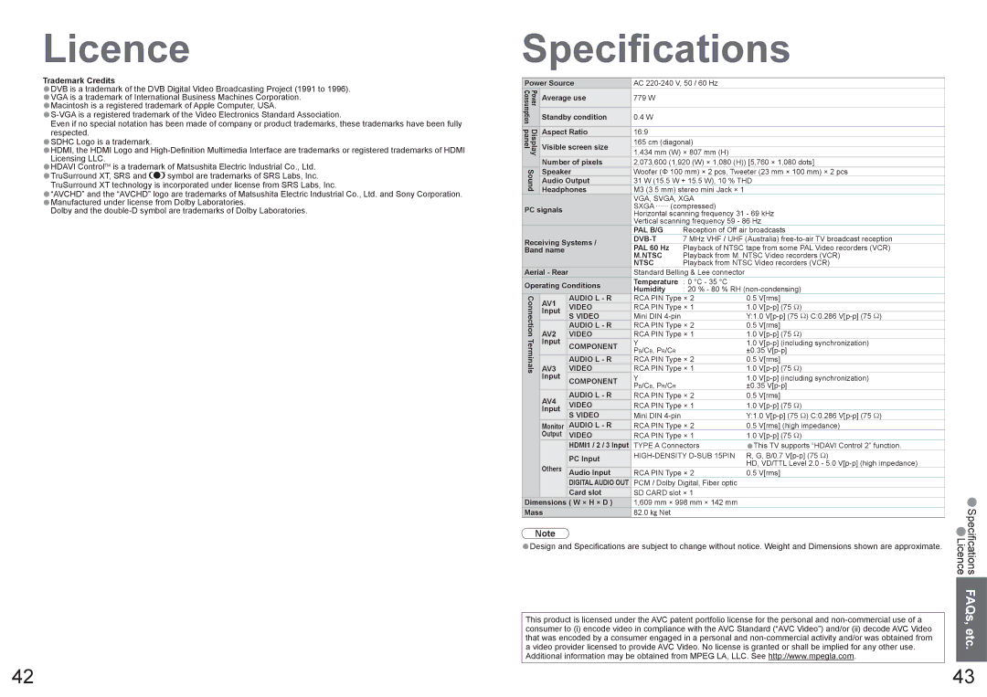 Panasonic TQBC2206 warranty Licence, Speciﬁcations, Etc, FAQs, Trademark Credits 