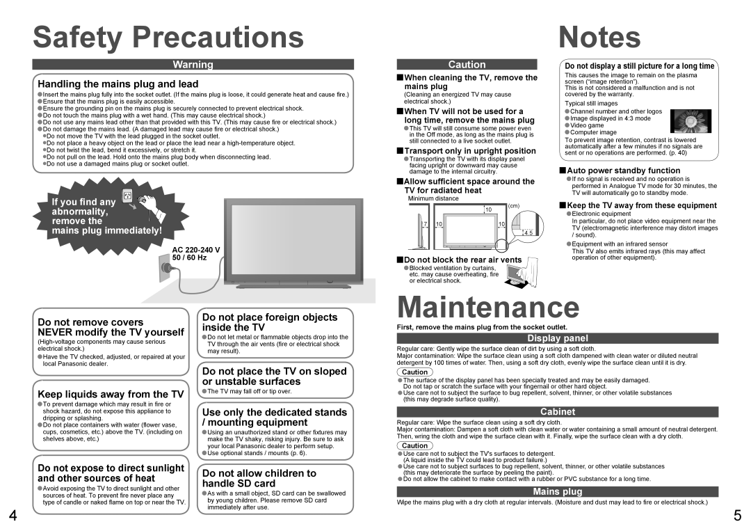 Panasonic TQBC2206 warranty Safety Precautions, Maintenance 