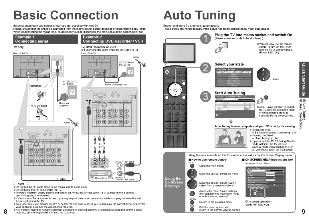 Panasonic TQBC2206 warranty Basic Connection, Auto Tuning, Example Connecting aerial Connecting DVD Recorder / VCR 