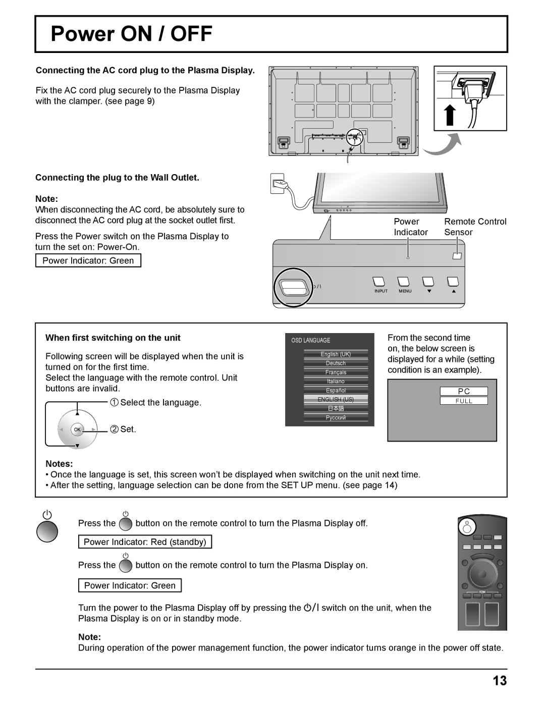 Panasonic TQBC2372-1 Power on / OFF, Connecting the AC cord plug to the Plasma Display, When first switching on the unit 