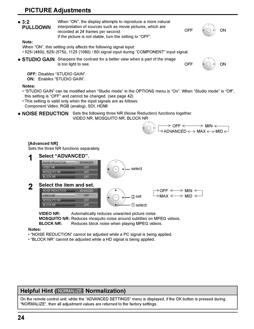 Panasonic TQBC2372-1 Pulldown, Select the item and set, Video NR, Mosquito NR, Block NR OFF MIN Advanced MAX MID, Max Mid 