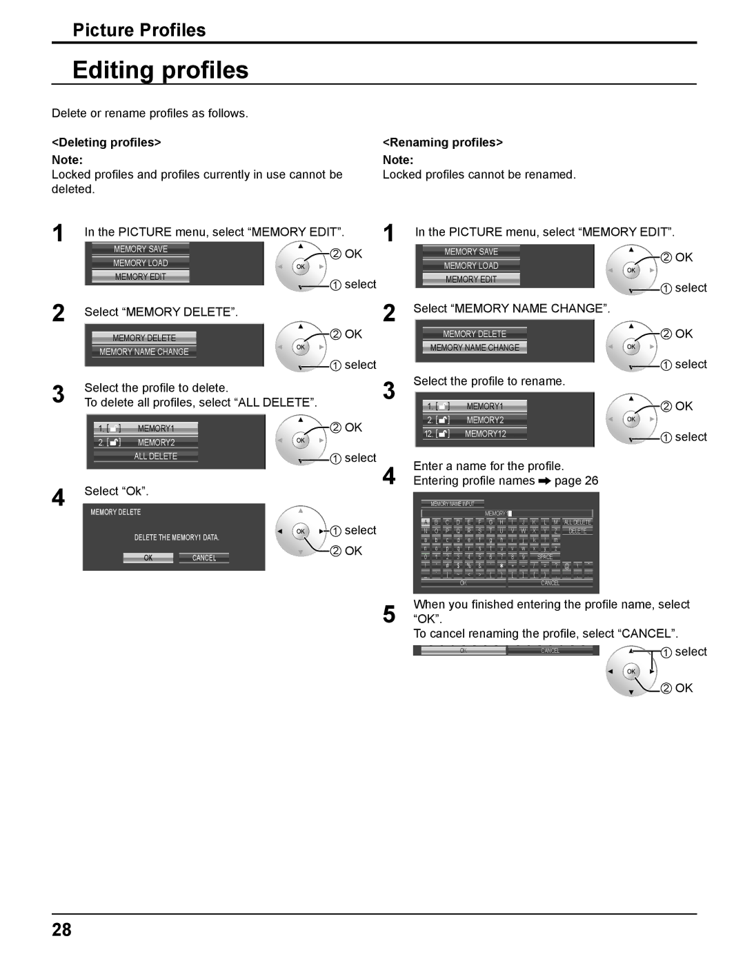 Panasonic TQBC2372-1 manual Editing profiles, Deleting profiles Renaming profiles 