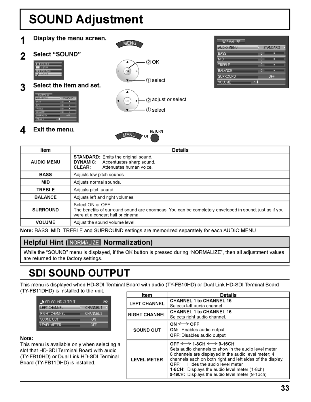 Panasonic TQBC2372-1 manual Sound Adjustment, Display the menu screen Select Sound 