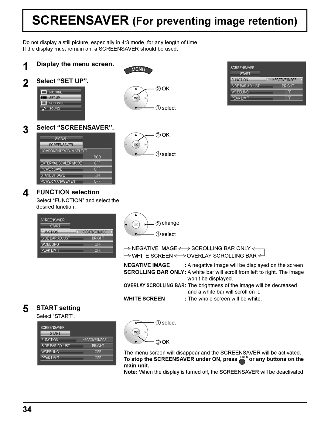 Panasonic TQBC2372-1 Screensaver For preventing image retention, Display the menu screen Select SET UP, Select Screensaver 