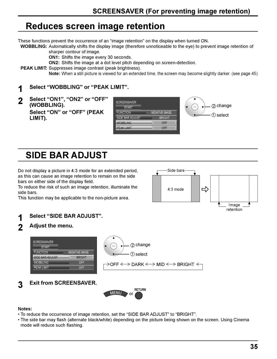 Panasonic TQBC2372-1 manual Reduces screen image retention, Screensaver For preventing image retention, Adjust the menu 