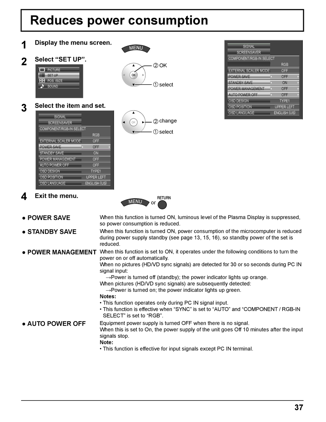 Panasonic TQBC2372-1 manual Reduces power consumption, Power Save Standby Save, Auto Power OFF 