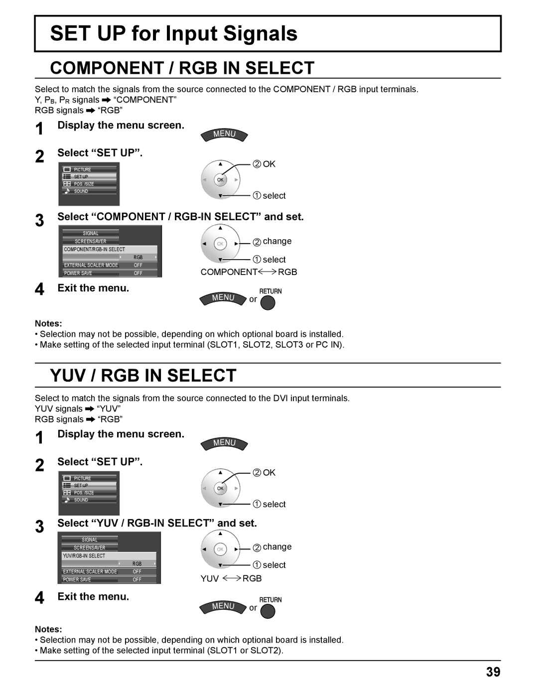 Panasonic TQBC2372-1 manual SET UP for Input Signals, Select Component / RGB-IN Select and set 