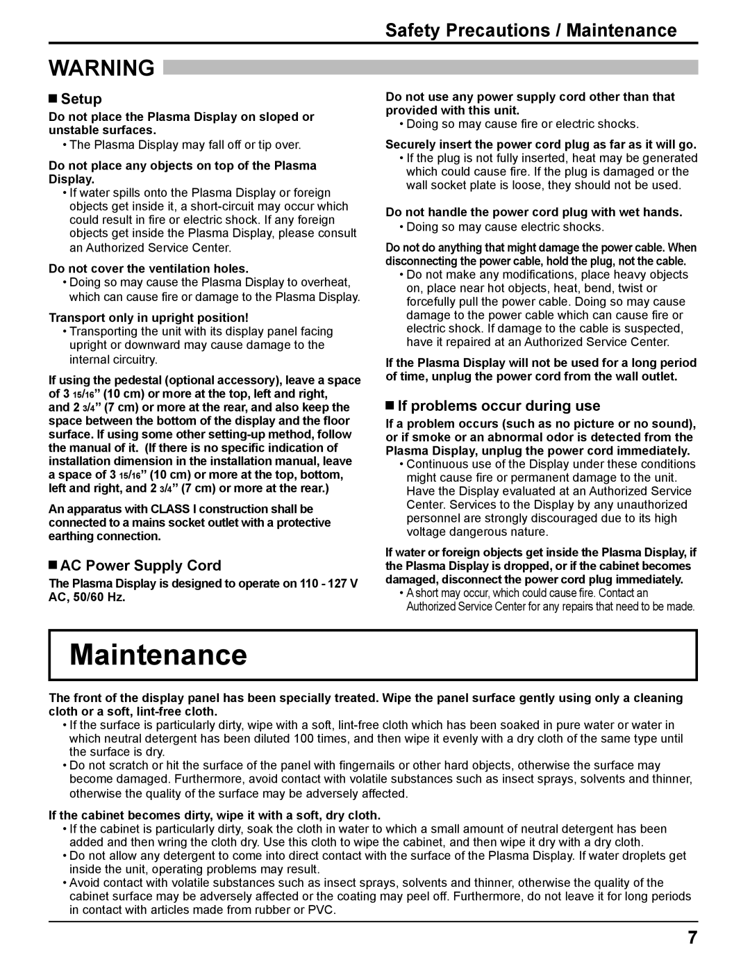 Panasonic TQBC2372-1 manual Safety Precautions / Maintenance, Setup, AC Power Supply Cord, If problems occur during use 