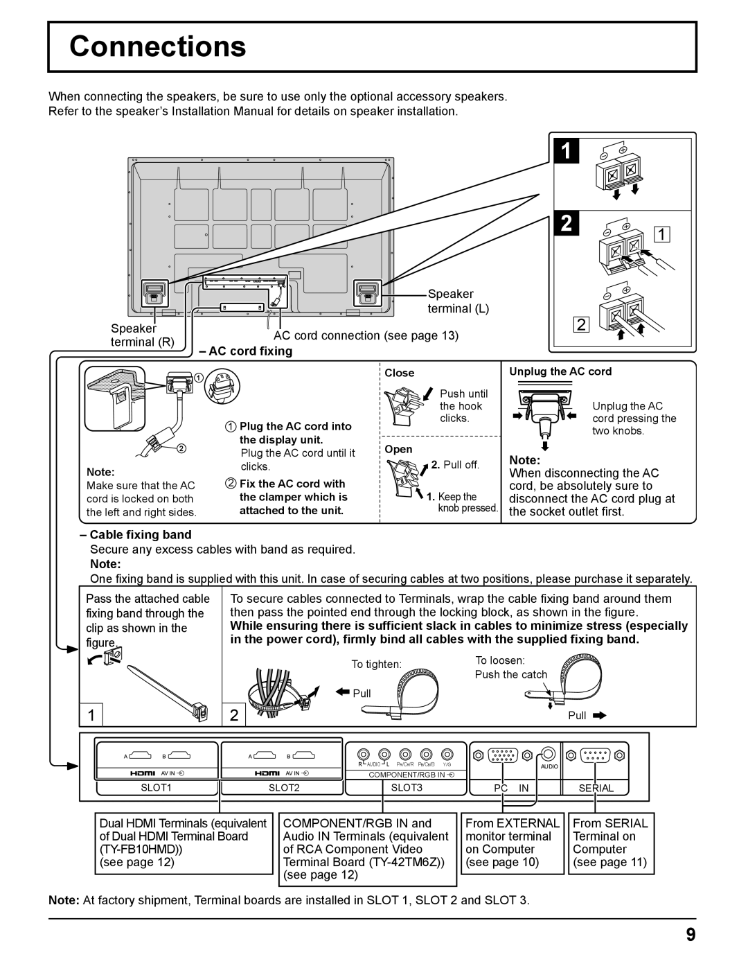 Panasonic TQBC2372-1 manual Connections, AC cord fixing, Cable fixing band 