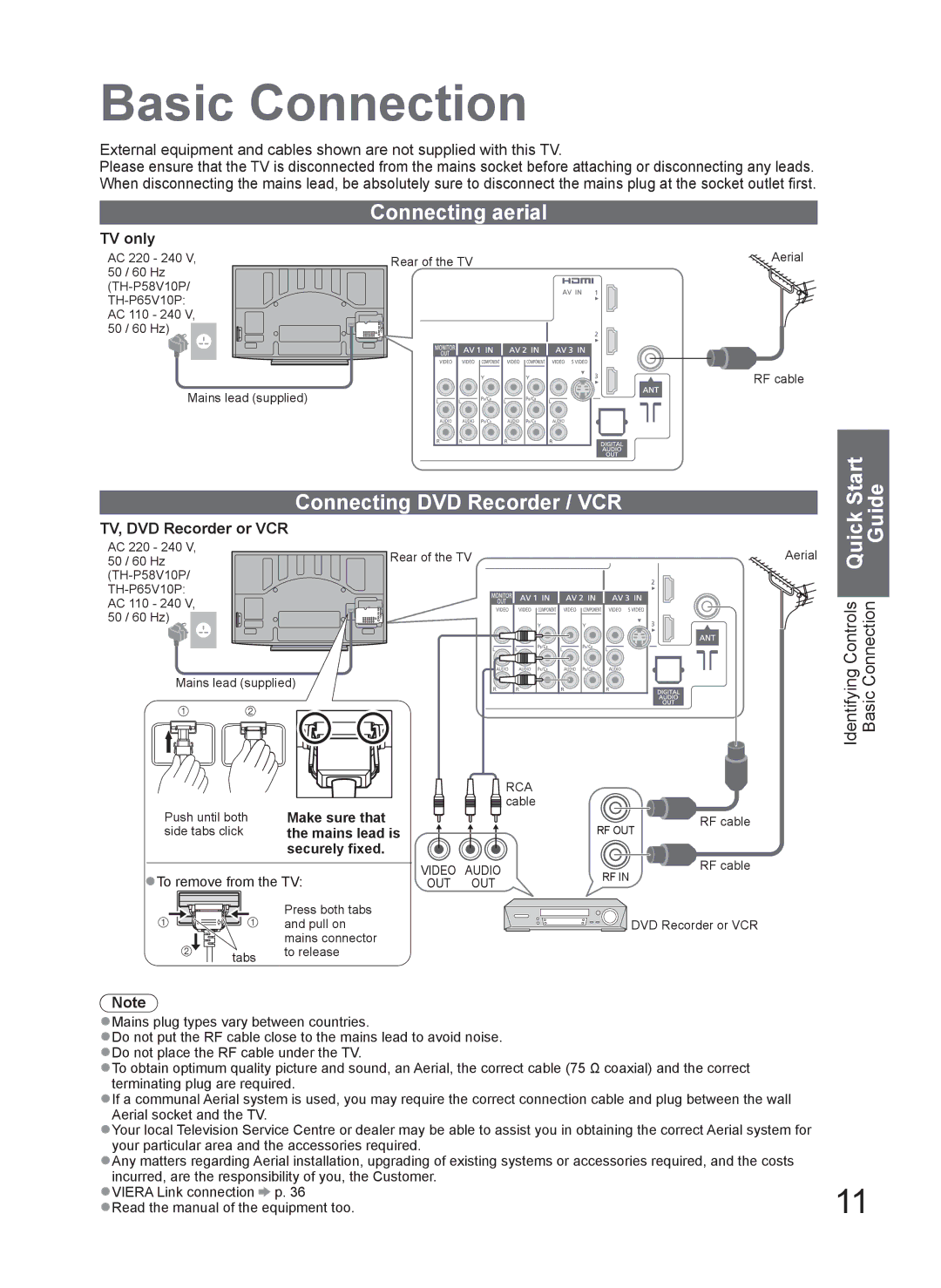 Panasonic TH-P65V10D Basic Connection, Connecting aerial, Connecting DVD Recorder / VCR, TV only, TV, DVD Recorder or VCR 