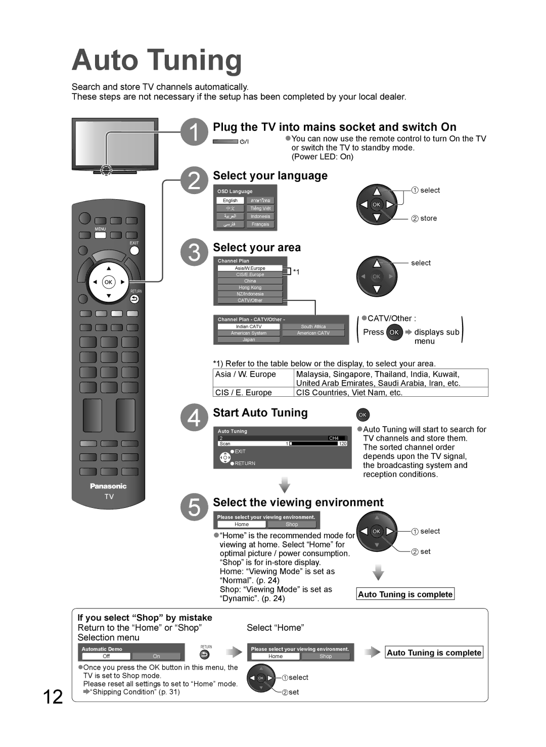 Panasonic TH-P65V10S, TQBC2466 manual Plug the TV into mains socket and switch On, Select your language, Select your area 