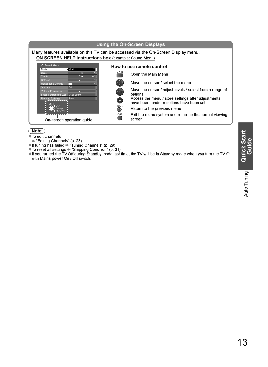 Panasonic TH-P65V10T manual Quick Start, Using the On-Screen Displays, On Screen Help Instructions box example Sound Menu 