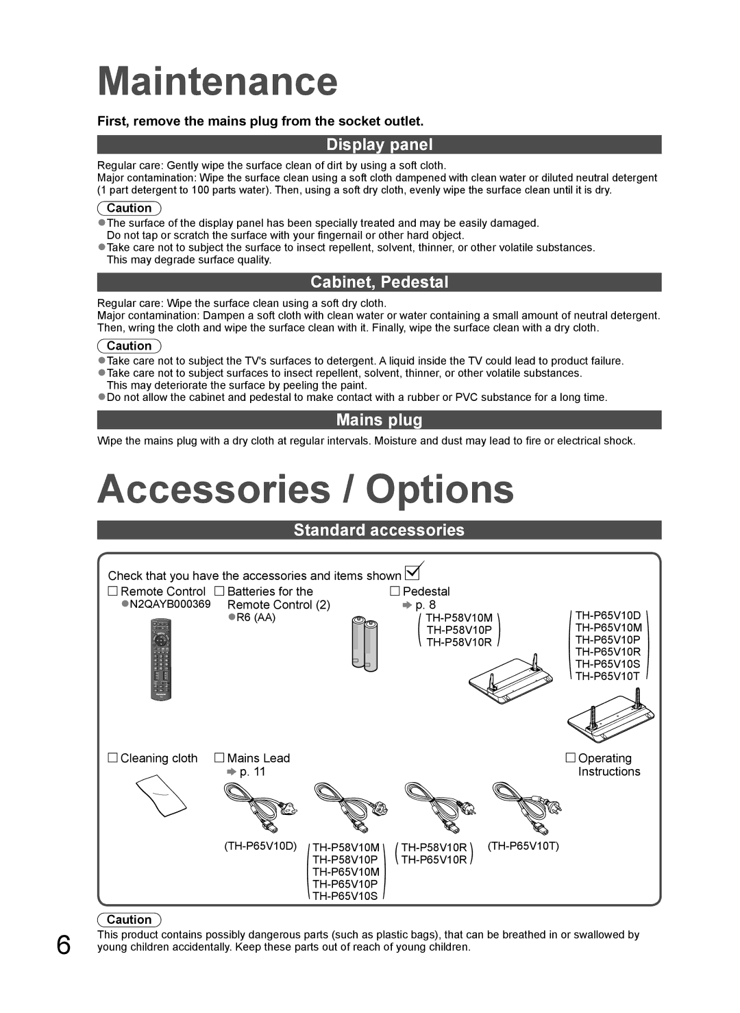 Panasonic TH-P58V10R, TQBC2466, TH-P65V10D, TH-P65V10S, TH-P65V10T, TH-P65V10M, TH-P65V10P Maintenance, Accessories / Options 