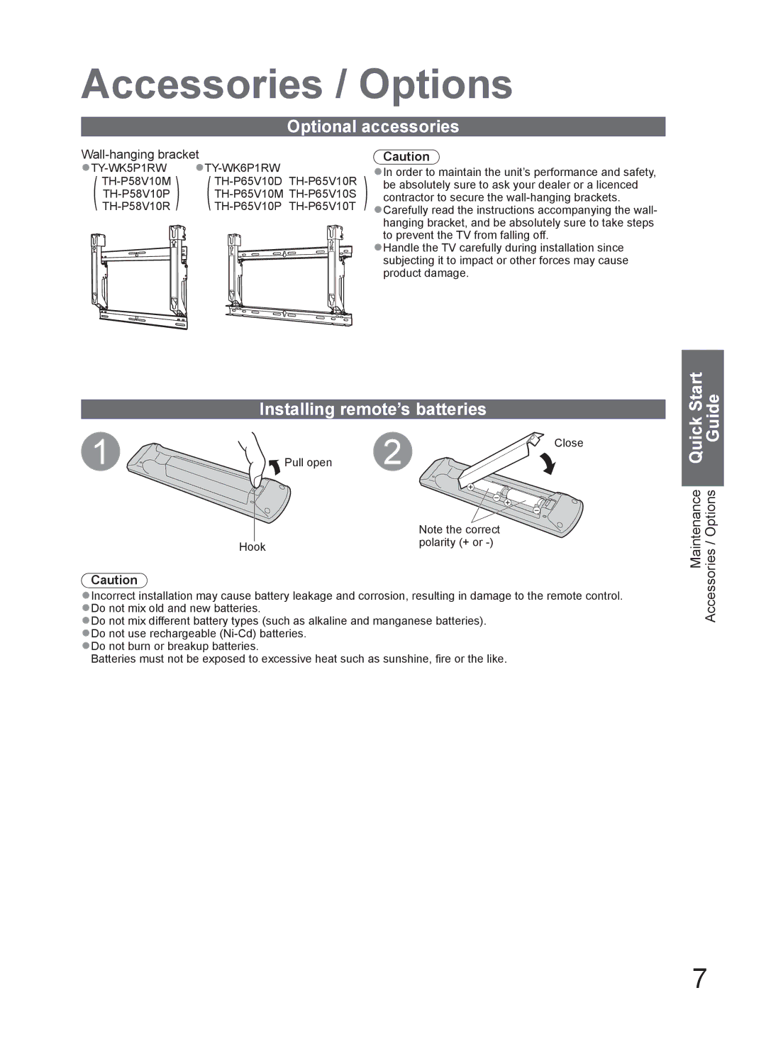 Panasonic TH-P65V10R manual Optional accessories, Installing remote’s batteries, Quick Start Guide, Wall-hanging bracket 