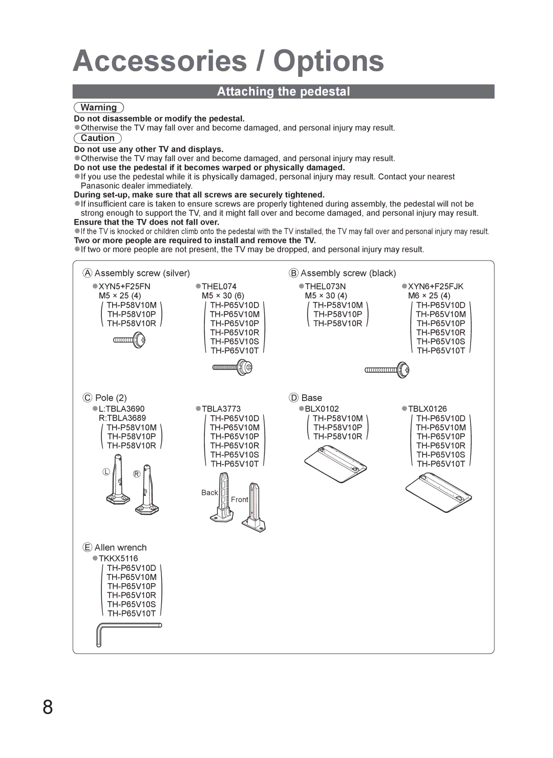 Panasonic TH-P58V10P manual Attaching the pedestal, Assembly screw silver Assembly screw black, Pole, Base, Allen wrench 